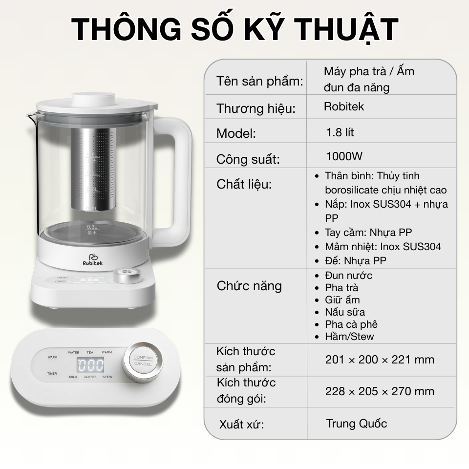 Máy Pha Trà Robitek RB18 - 1.8L – Đa năng&nbsp;